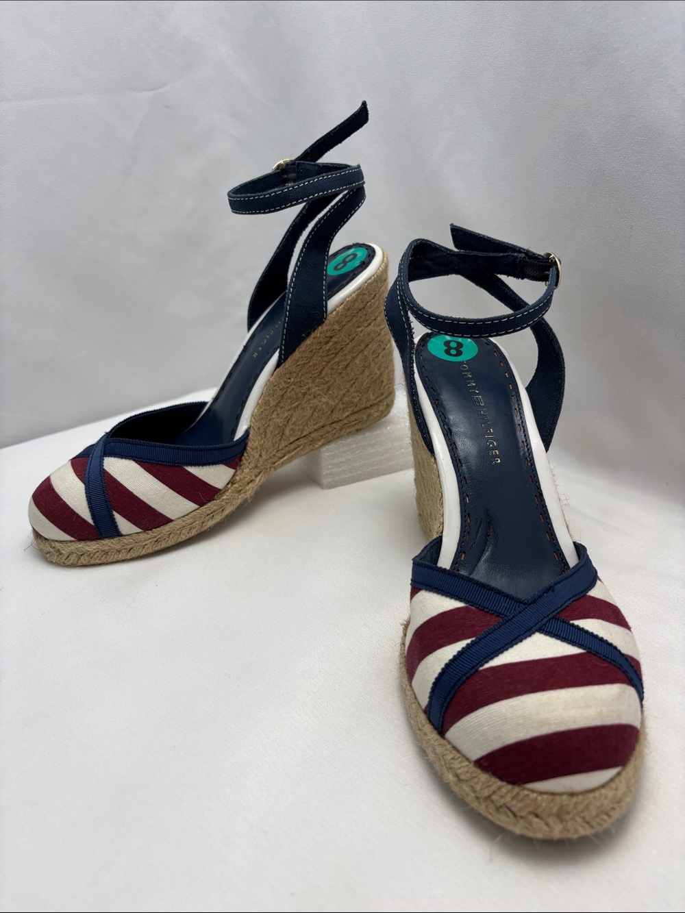 Tommy Hilfiger Womens 8 Red, White and Navy Striped Espadrille Wedge Sandal #387